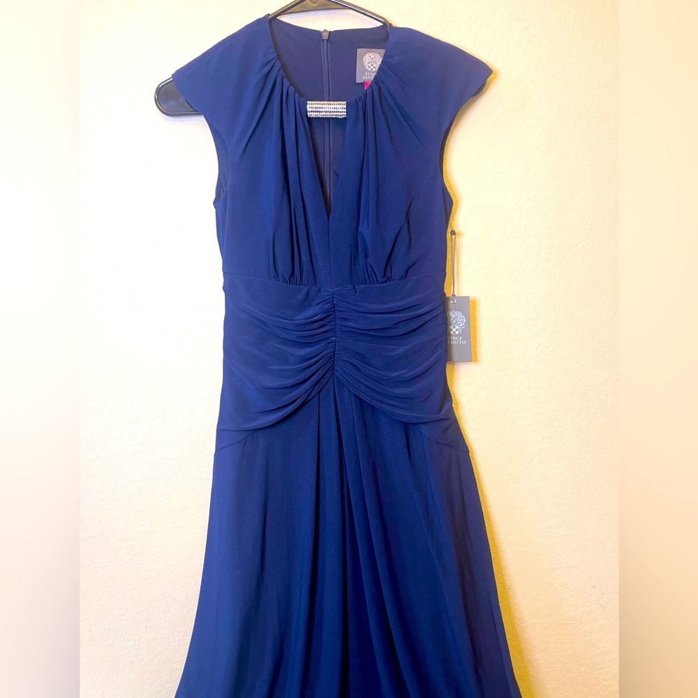 VINCE CAMUTO Womens Navy Long Sleeve Keyhole Full-Length Formal Gown Dress 0